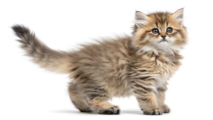Obraz premium charming light brown and cream-colored kitten with a bushy tail and wide, curious eyes stands alert against a clean white backdrop, radiating innocence and playful energy