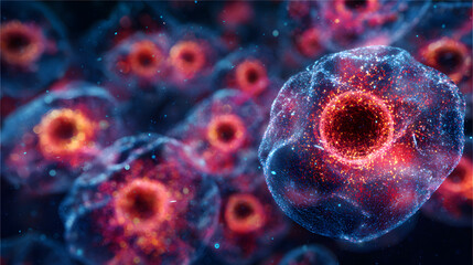 Abstract microscopic view of viral particles attacking cellular structures in fiery red and cool blue contrast