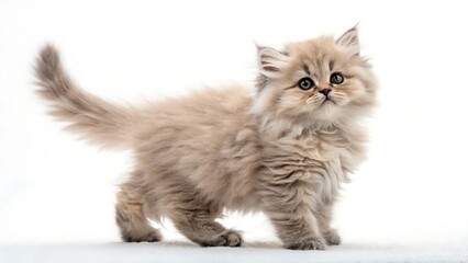 charming light brown and cream-colored kitten with a bushy tail and wide, curious eyes stands alert against a clean white backdrop, radiating innocence and playful energy