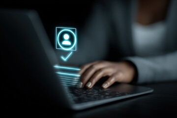 Secure Online Authentication: African American Woman Verifying Identity on Laptop with Digital Profile Icon