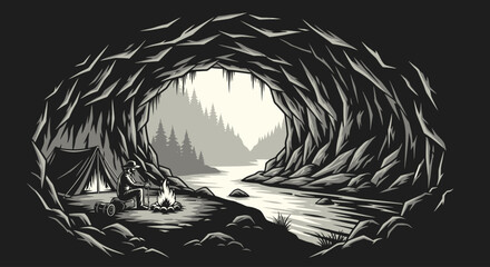 solo campers serene cave retreat black and white illustration of a peaceful camping scene by a river perfect for adventure travel and wilderness themed designs