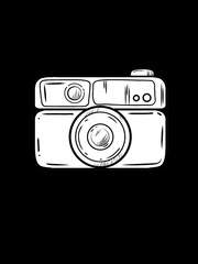 Minimalist black and white illustration of a vintage camera on a black background, symbolizing photography, memories, and creativity. vintage photo camera