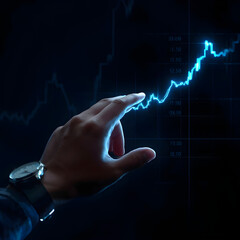 A hand manipulating a holographic stock market graph, with a vibrant, glowing line representing an AI-driven trend prediction