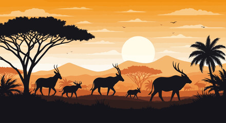Fototapeta premium serene african sunset silhouette majestic antelope and deer family silhouette against a vibrant orange sky ideal for wildlife conservation travel and safarithemed designs