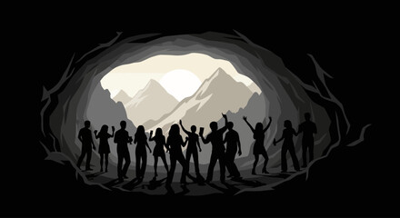 Naklejka premium silhouetted partygoers celebrate inside a cave opening to a majestic mountain view perfect for event posters music festival ads and adventure tourism marketing