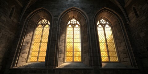 Obraz premium Three gothic windows in a church, casting a warm golden light through the stained glass, creating an atmosphere of history and architectural beauty