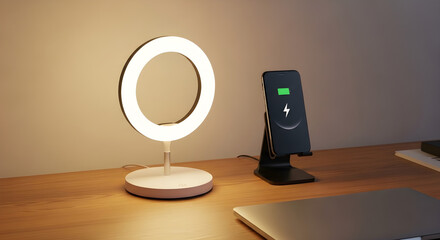 Modern workspace setup with ring light and wireless phone charger on wooden desk.