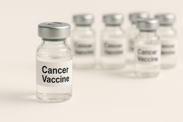 Medical Vials Labeled 'Cancer Vaccine' Representing Healthcare Progress on a white background