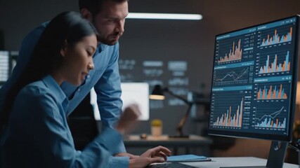 Business professionals analyze financial data and market trends on a computer screen in a modern office focusing on charts and graphs for strategic decision - Powered by Adobe