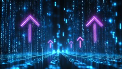 Futuristic Data Stream with Neon Arrows Symbolizing Business Growth and Innovation Concept