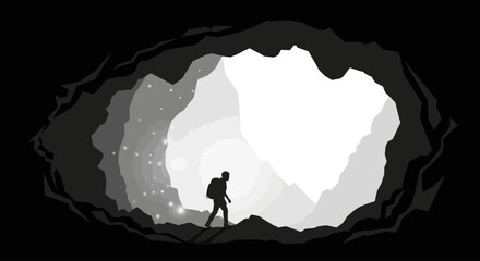 Obraz premium silhouette of a hiker emerging from a cave into a bright mountain landscape a symbol of discovery new beginnings and overcoming challenges