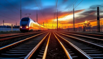 Obraz premium Express Train Moving Through a Colorful Sunset Sky Over City Borders with Electric Tracks and Wires