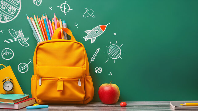 Yellow school backpack with colorful stationery, alarm clock, apple, and stack of books on green background with hand-drawn school doodles, back to school concept, high quality stock image