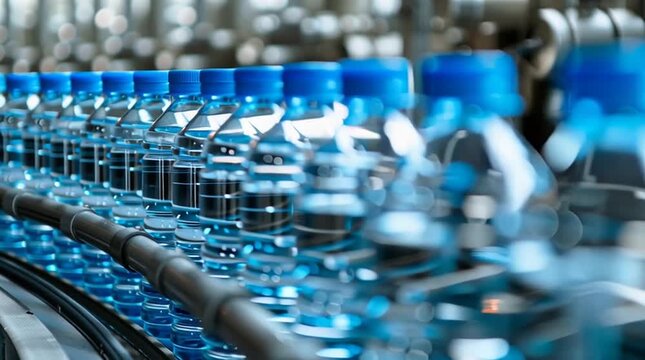 Plastic water bottles on production line in bottling factory