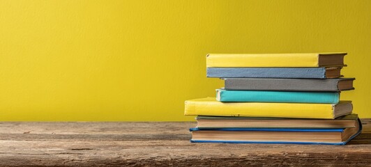 The vibrant stack of colorful books on a wooden surface against a yellow background.