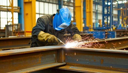 Skilled welder creating sparks while joining steel beams in a busy industrial factory setting