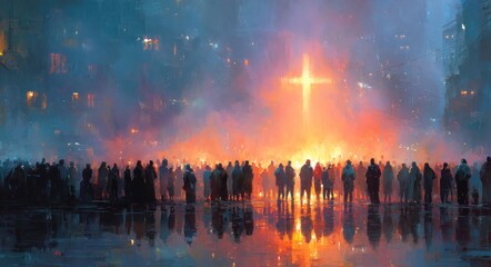 Fototapeta premium Crowd silhouetted against glowing cross in fiery haze on wet city street at night with dramatic reflections and atmosphere Generative AI