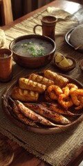 Medieval-Style Feast: Grilled Fish, Shrimp, and Soup