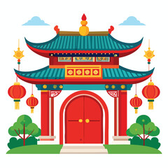 Fototapeta premium A vibrant illustration of a traditional Chinese gate, adorned with lanterns and greenery.