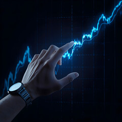 A hand manipulating a holographic stock market graph, with a vibrant, glowing line representing an AI-driven trend prediction