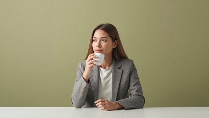 The Calm Strategist - A serene digital wallpaper of a female professional, sitting calmly at a clean desk, sipping a cup of coffee