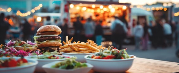 The delicious burger and fries with fresh salads at a vibrant street food festival.