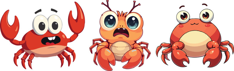 Three cartoon crabs with different expressions isolated on Transparent background, perfect vector for kids