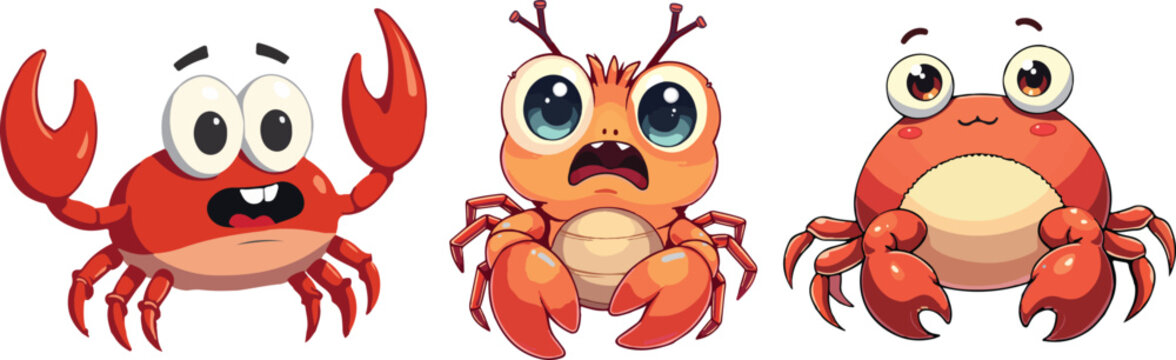 Three cartoon crabs with different expressions isolated on Transparent background, perfect vector for kids