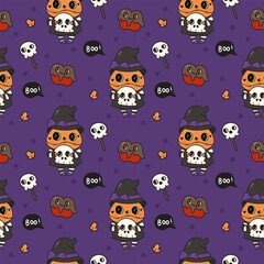 seamless pattern with funny monsters pumpkin jack o lantern and apple candy