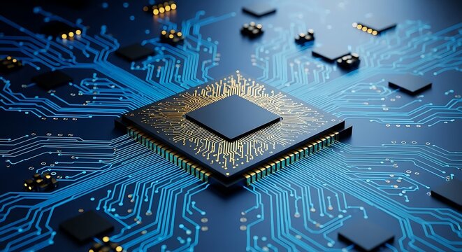 Detailed macro shot of a computer processor chip with gold contacts on a blue illuminated circuit board, showcasing advanced technology and electronic connectivity