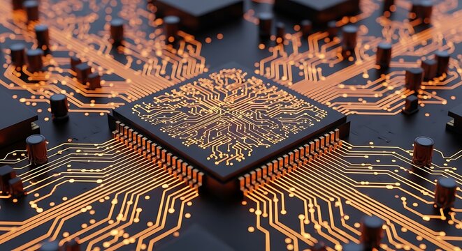 Closeup view of a central processing unit cpu chip, showcasing intricate circuitry and golden pins, symbolizing advanced technology and computing power