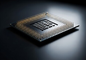Side profile of a computer cpu chip with numerous golden pins, set against a dark, subtly lit background, emphasizing its sophisticated engineering