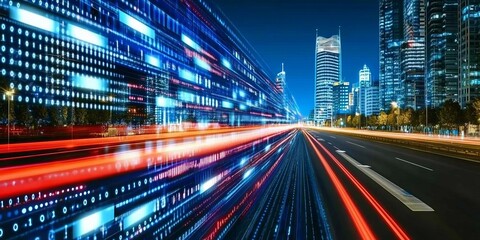 Fototapeta premium Futuristic Digital Network with Fast Data Transfer Flowing Through a Modern City Skyline at Night