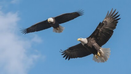 Naklejka premium Two Bald Eagles Soaring in a Clear Blue Sky