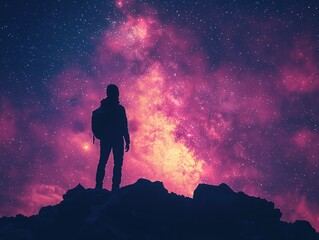 Fototapeta premium Backpacker Silhouette On Rocky Peak Facing Pink - Purple Milky Way
