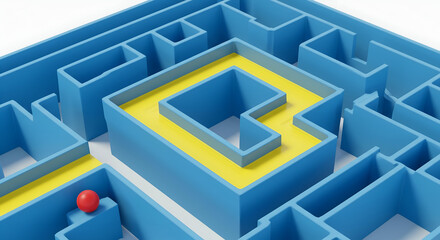 Three Dimensional Maze Structure with Complex Pathways and Red Ball Symbolizing Navigation Challenge