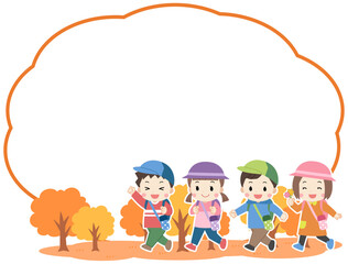 秋の遠足に出かける子供たちとシンプルなフレームイラスト