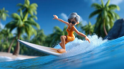 Cartoon Woman Surfing on Beach