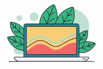 Modern laptop displaying financial data surrounded by green leaves in vector illustration