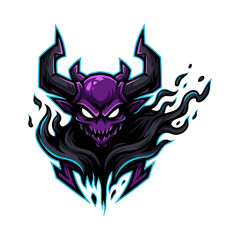 Obraz premium A purple demon head with horns and a sinister grin surrounded by dark wisps.