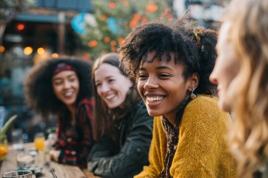 Friends gathered at an outdoor table, smiling with warm bokeh lights in the background.