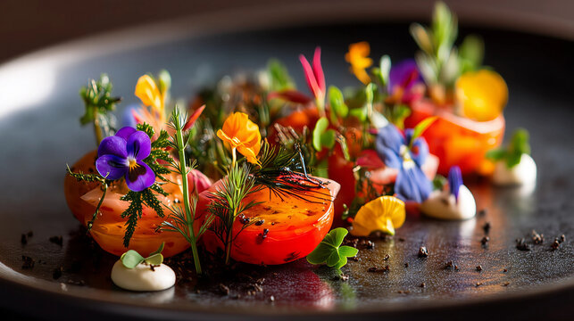 Gourmet Tomato Salad with Flowers: A close-up shot reveals a gourmet tomato salad artfully arranged with fresh, vibrant edible flowers on a stylish plate. A feast for the eyes and the palate.