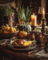 Fototapeta premium Rustic Autumn Dinner with Harvest Vegetables