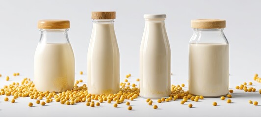 The elegant display of soy milk bottles with yellow soybeans scattered.