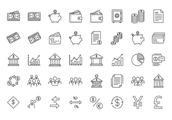 Collection of financial and business icons representing money management investment and economic growth for presentations and infographics