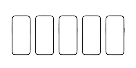 Device Mock‑Up Row – Five Rounded Rectangle Screens with Blank White Displays, Horizontal Line, Transparent Background