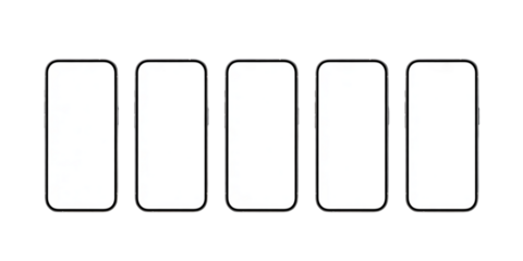 Device Mock‑Up Row – Five Rounded Rectangle Screens with Blank White Displays, Horizontal Line, Transparent Background