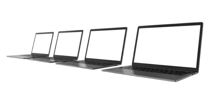 Laptop Mock‑Up Set – Four Modern Computers with Blank White Screens, Angled Perspective, Transparent Background