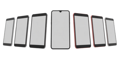 Row of Smartphones – Mixed Bezel and Notch Designs with Black and Red Edges on Transparent Background