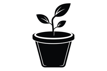 Isolated black silhouette shows a small plant in a rounded pot against white